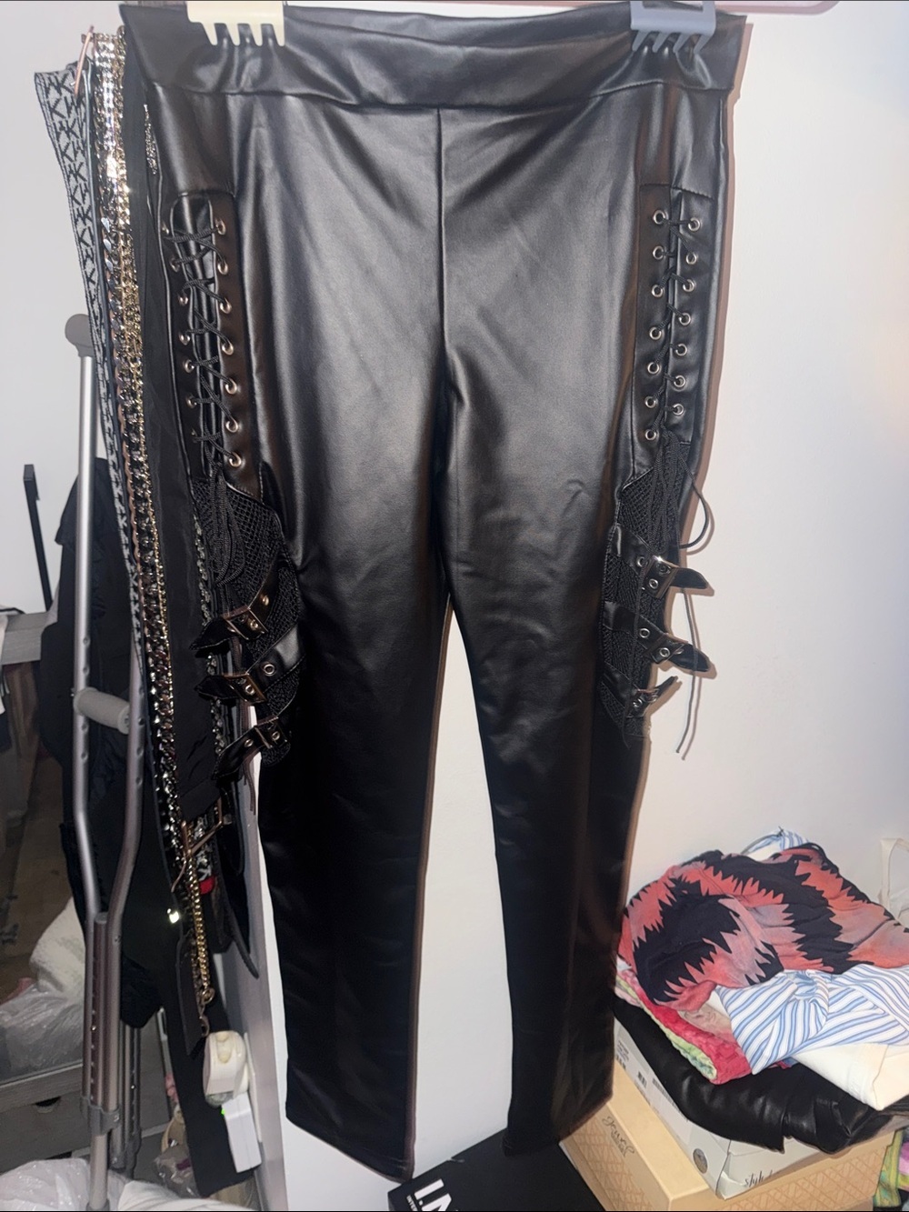 Source Unknown Black Faux Leather Lace-Up Flare Pants